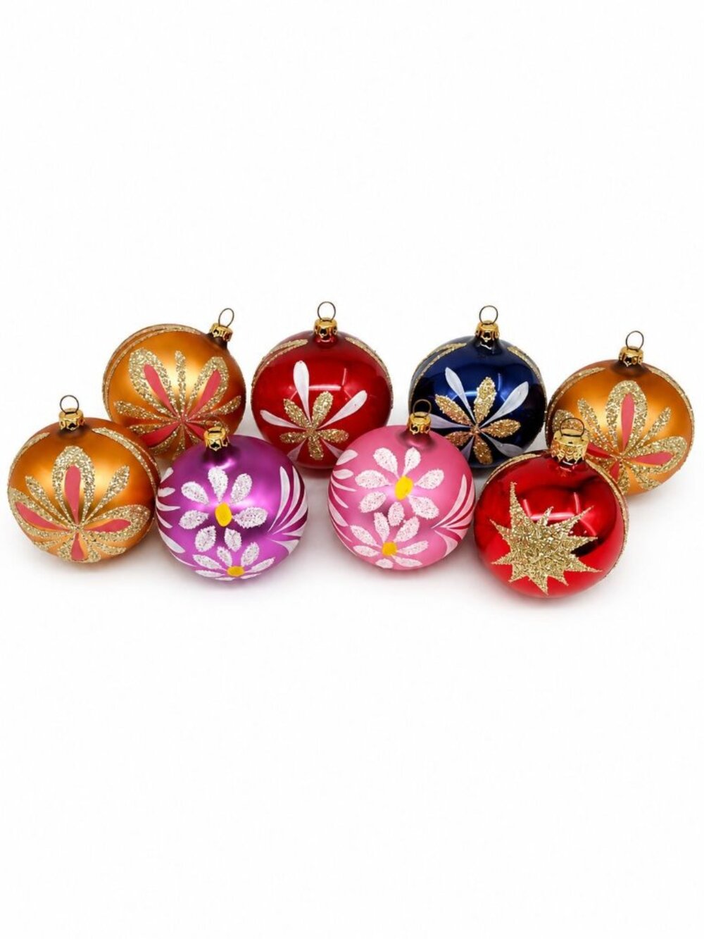 Set Of 8 Hand-Painted Glass Christmas Ornaments With Glitter Floral Design